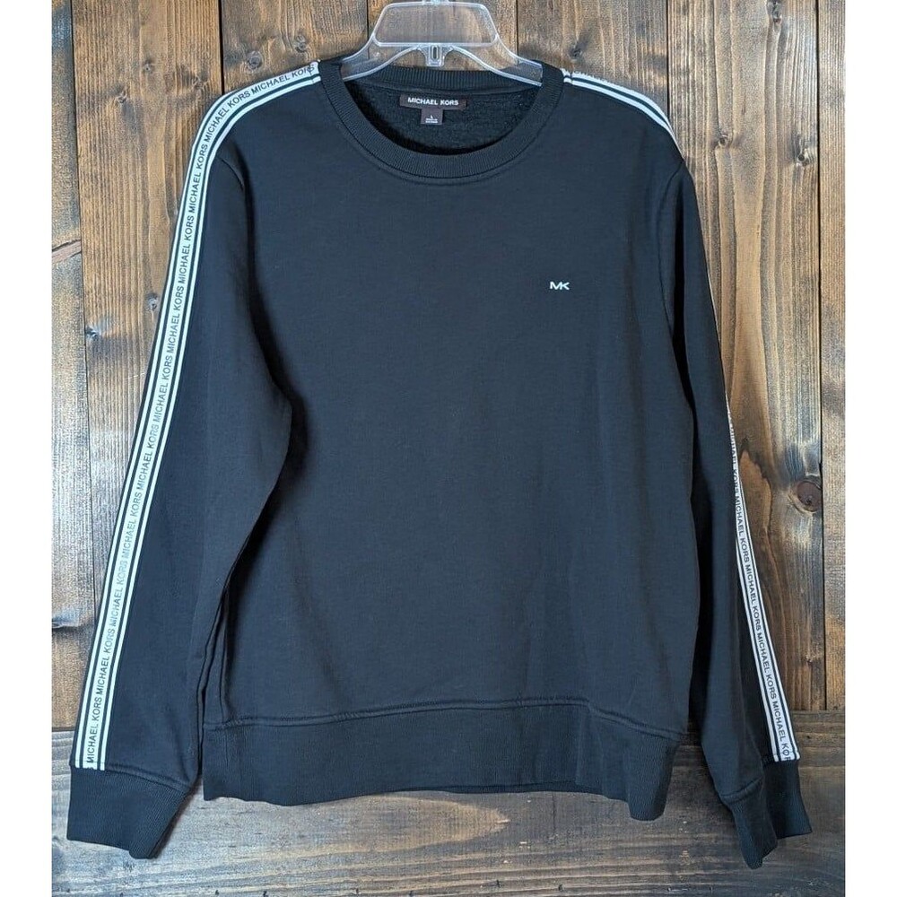 Michael Kors Womens Sweatshirt Black Logo Tape Sleeves Crewneck Pullover Large